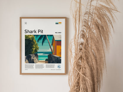 Vibrant Shark Pit poster featuring a tropical pathway to the ocean, framed by palm trees and a surf shack, perfect surf decor.