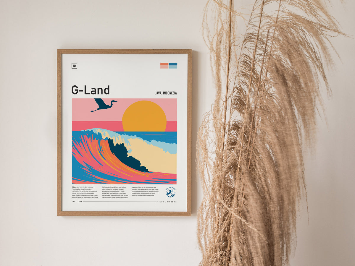 G-Land, Java, Indonesia Poster | Tropical Surf Wave Print Wall Art — styled in a modern interior