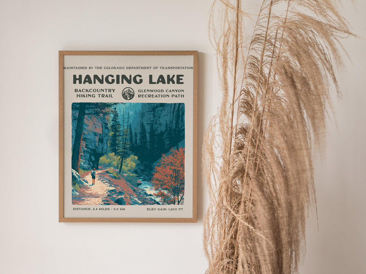 Hanging Lake, Glenwood Canyon Poster | Hiker Gift | Backcountry Trail Wall Art — styled in a modern interior