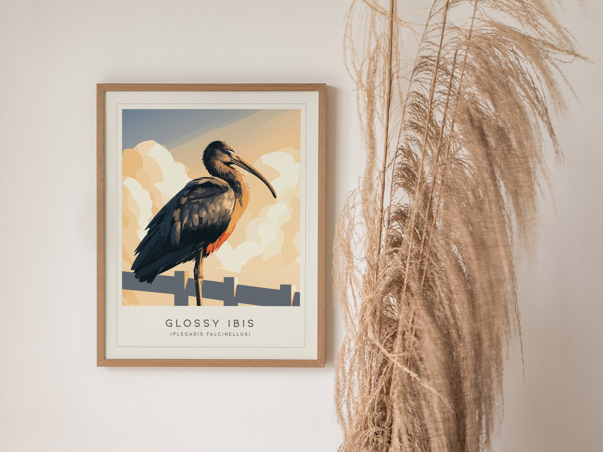 Glossy Ibis Poster | Iridescent Wading Bird Nature Wall Art — styled in a modern interior