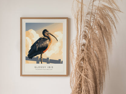 Glossy Ibis Poster | Iridescent Wading Bird Nature Wall Art — styled in a modern interior