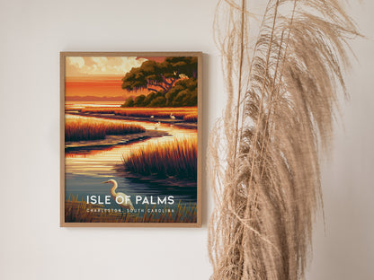 Isle of Palms, South Carolina Poster | Golden Beach & Palm Tree Wall Art — styled in a modern interior