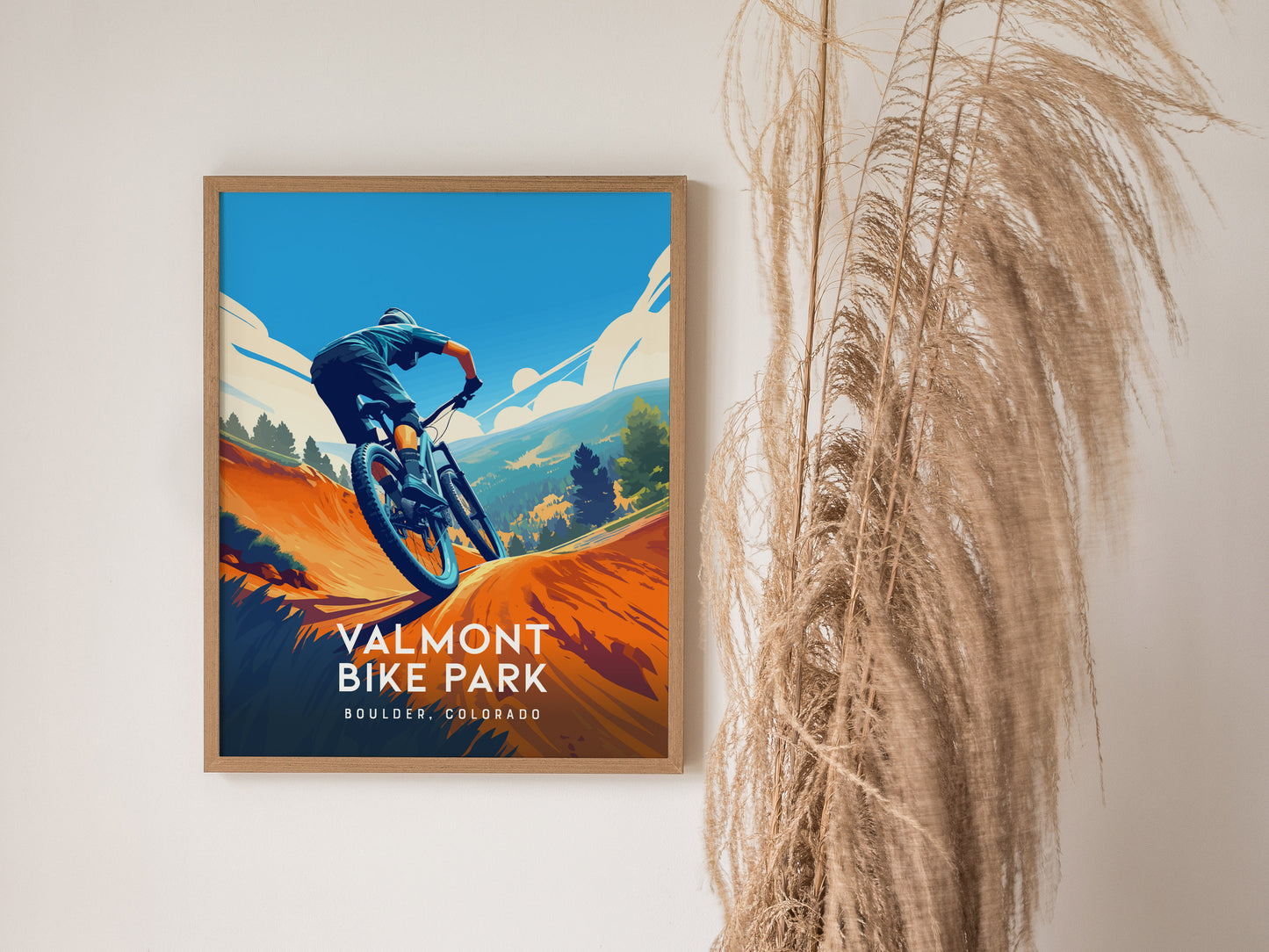 A framed poster titled Valmont Bike Park, Boulder, Colorado depicts a mountain biker on a vibrant trail with mountains in the background, placed next to tall, dried grasses.