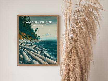 Camano Island, Washington Poster | Evergreen Shores & Heron Coastal Wall Art — styled in a modern interior