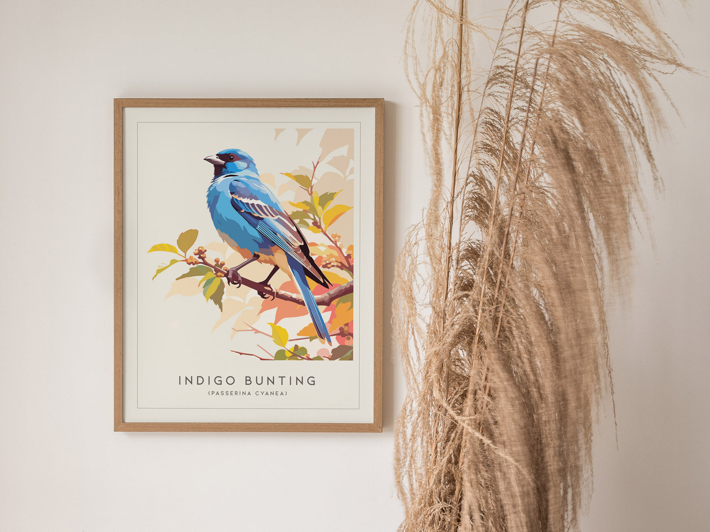 Vibrant Indigo Bunting perched on a branch, showcasing rich blue plumage with autumn leaves and berries in warm hues, perfect wildlife art.