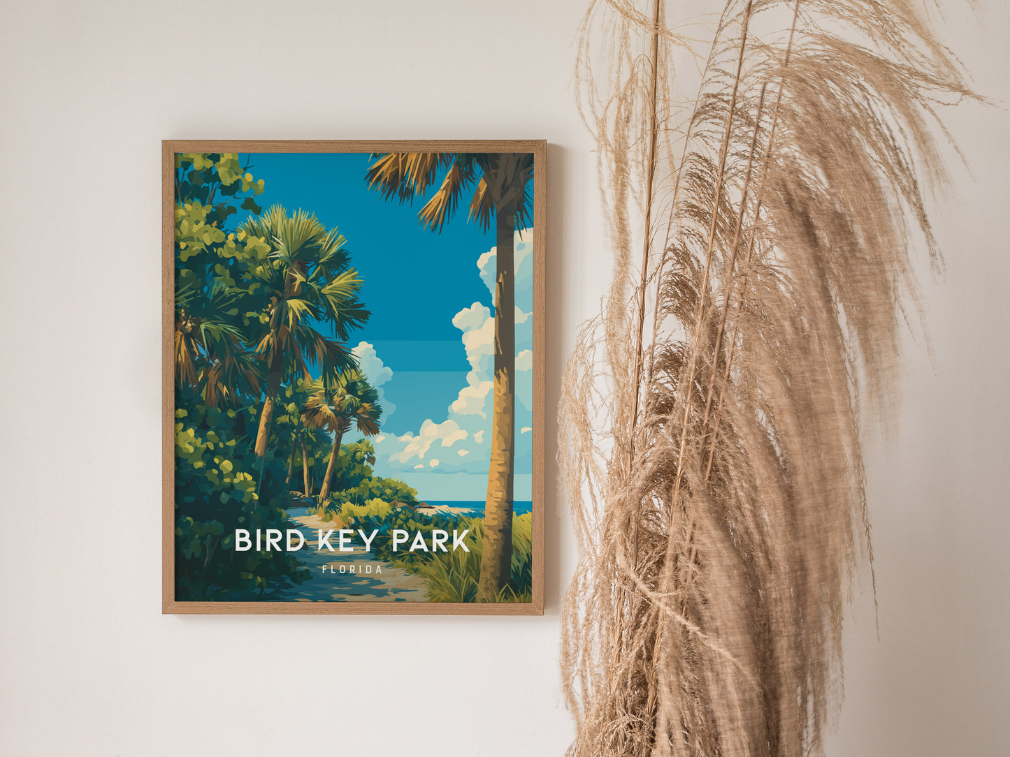 Bird Key Park, Florida Poster | Tropical Waterfront Serenity Wall Art — styled in a modern interior