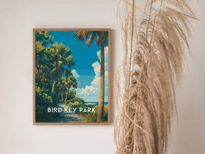 Bird Key Park, Florida Poster | Tropical Waterfront Serenity Wall Art — styled in a modern interior
