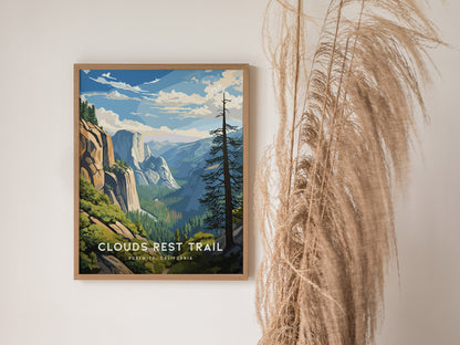 A framed poster of the Clouds Rest Trail in Yosemite National Park, featuring vibrant illustrations of granite cliffs and lush valleys under a blue sky, hangs on a wall.