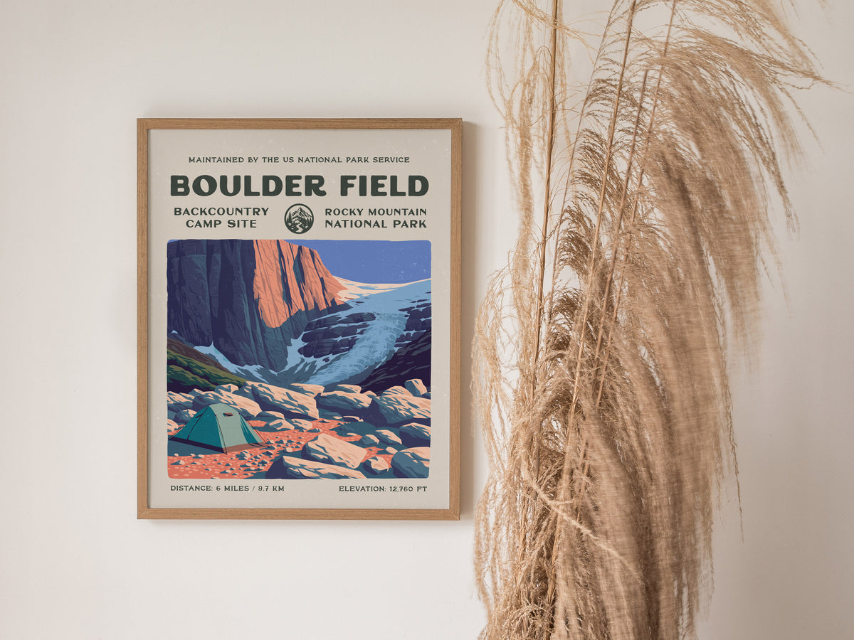 Boulder Field, Rocky Mountain National Park Poster | Hiker Gift | Alpine Wilderness Block Print Wall Art — styled in a modern
