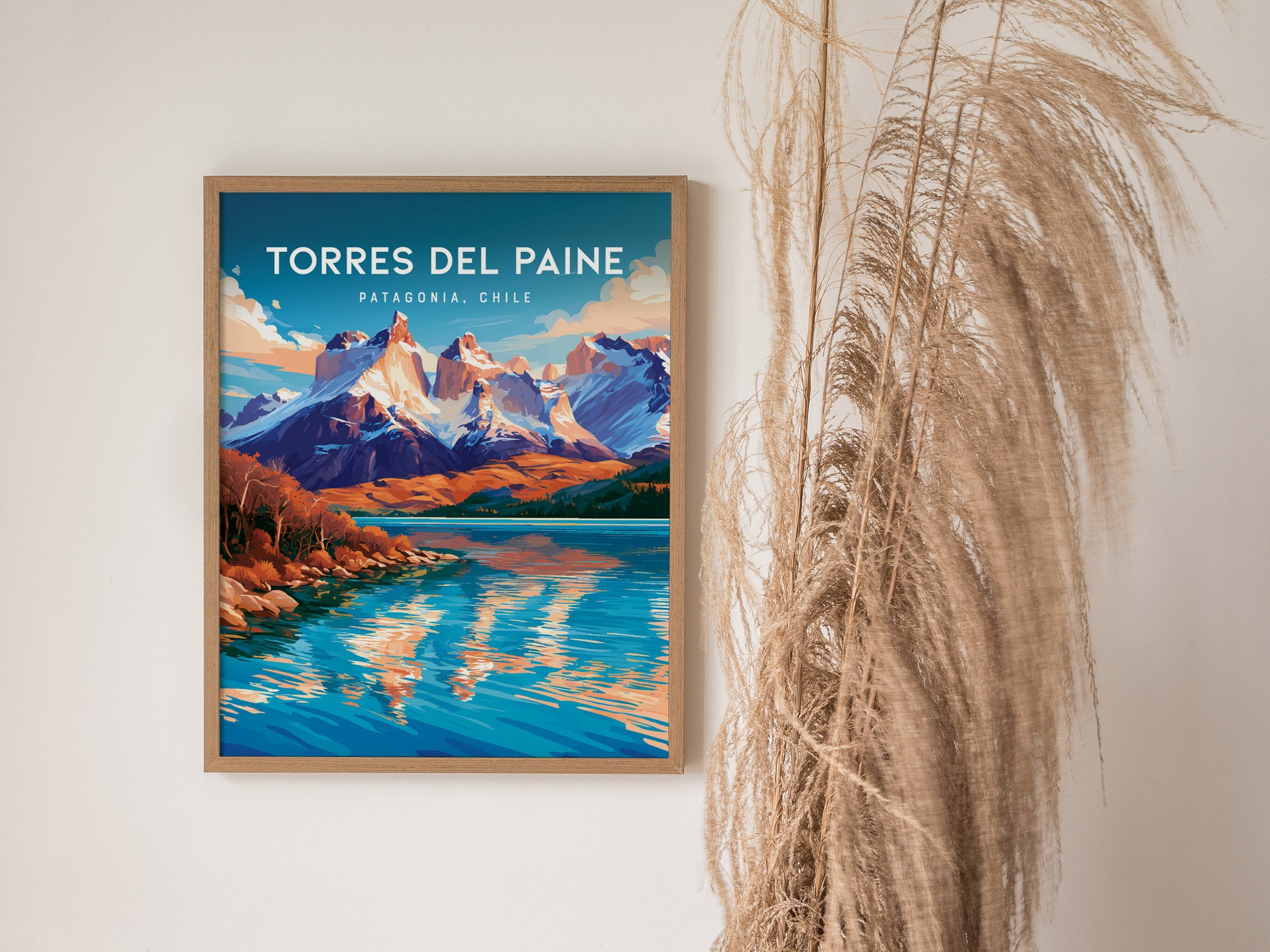 Torres del Paine, Patagonia Poster | Granite Peaks & Glacial Lake Wall Art — styled in a modern interior
