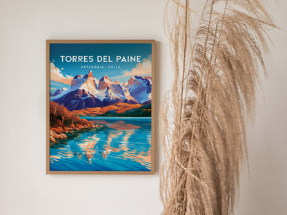 Torres del Paine, Patagonia Poster | Granite Peaks & Glacial Lake Wall Art — styled in a modern interior