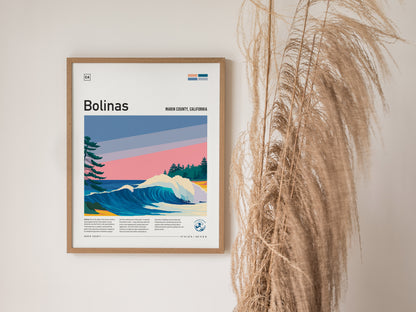Bolinas, Marin County, California Poster | Misty Cliffs & Surf Wall Art — styled in a modern interior