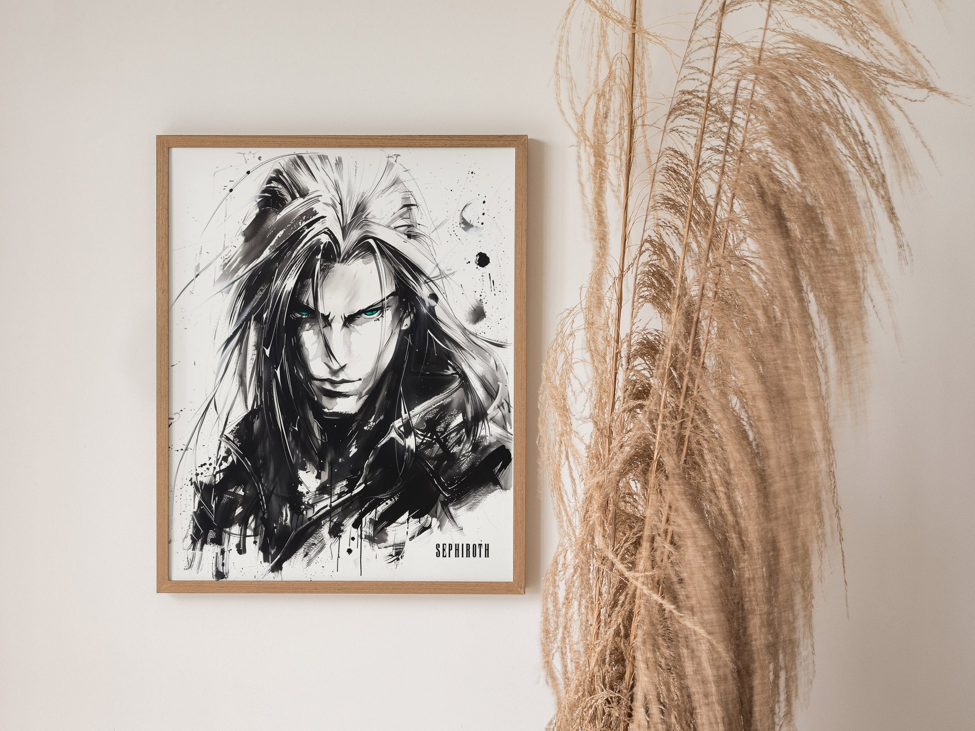 A framed black and white poster of a character with long silver hair and intense eyes is displayed on a wall next to tall, dried grasses.
