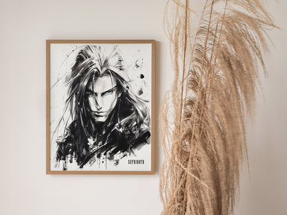 A framed black and white poster of a character with long silver hair and intense eyes is displayed on a wall next to tall, dried grasses.