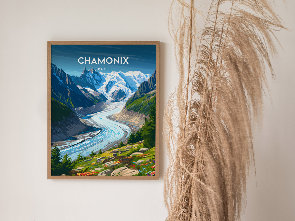 Chamonix, France Poster | Alpine Mountain Village Destination Print Wall Art — styled in a modern interior