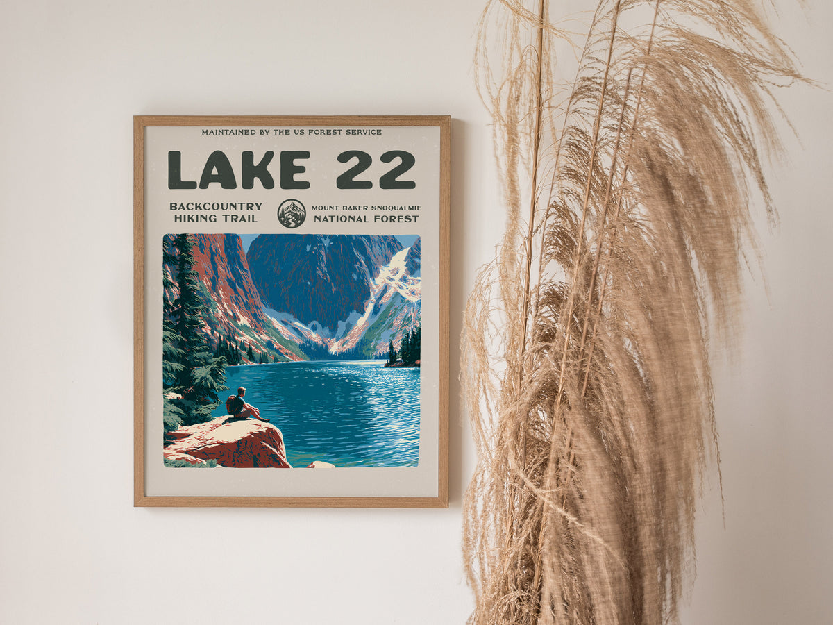 Lake 22, Mount Baker-Snoqualmie National Forest Poster | Hiker Gift | Backcountry Trail Wall Art — styled in a modern interio