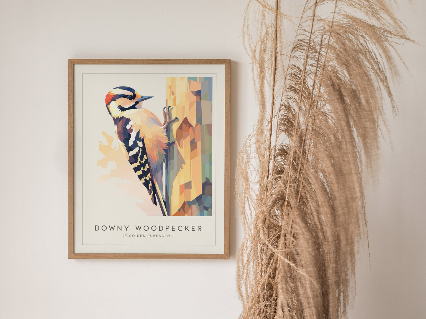 Framed abstract Downy Woodpecker art print featuring vibrant colors, geometric shapes, and detailed textures on a tree trunk.