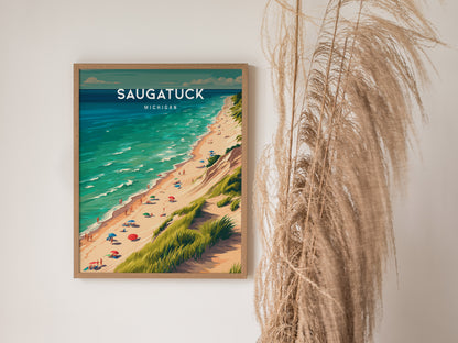 Saugatuck, Michigan Poster | Lakeside Dunes & Harbor Village Wall Art — styled in a modern interior