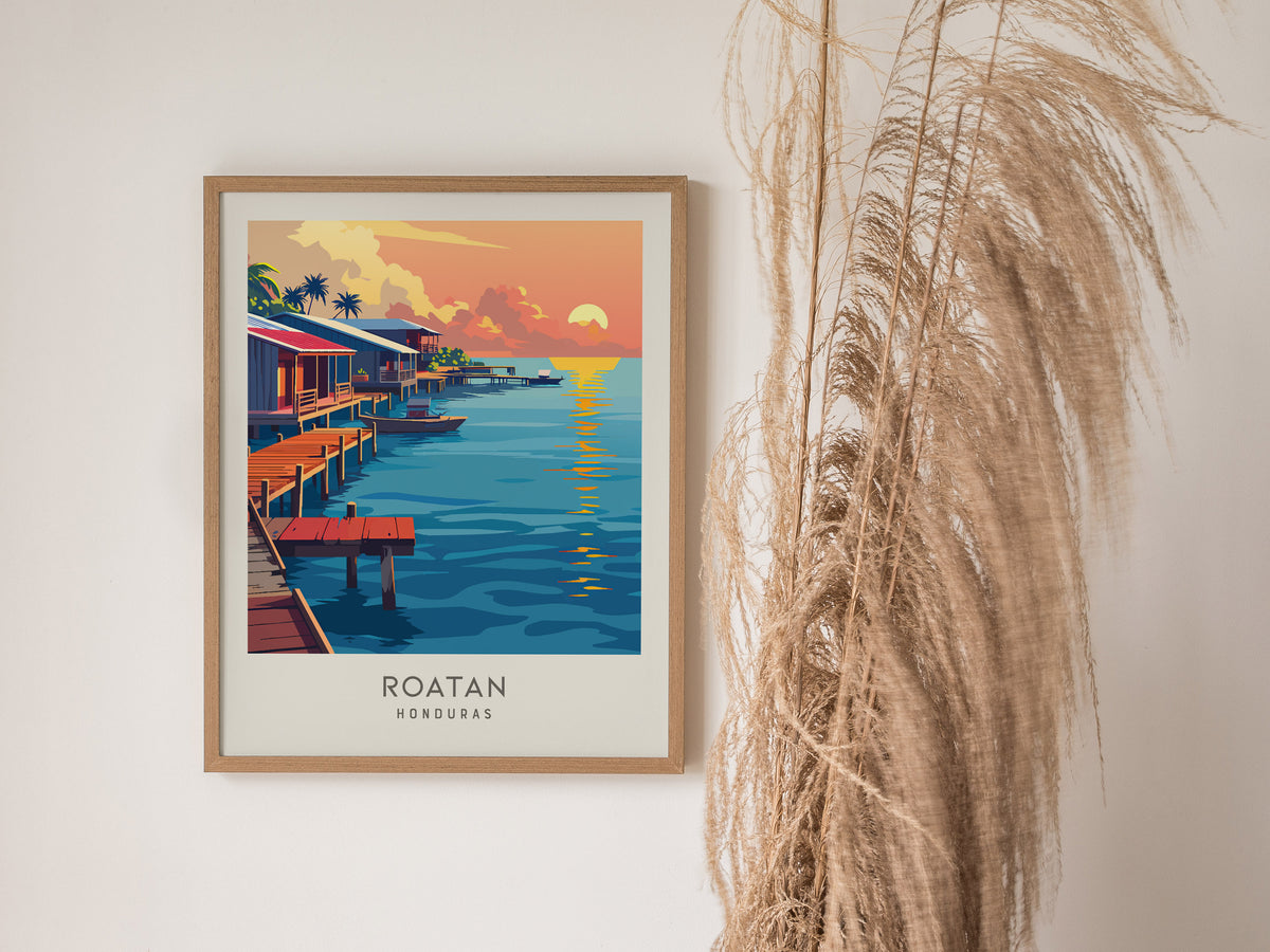 Roatan Matte Border Poster | Honduras Tropical Beach Print Travel Wall Art — styled in a modern interior