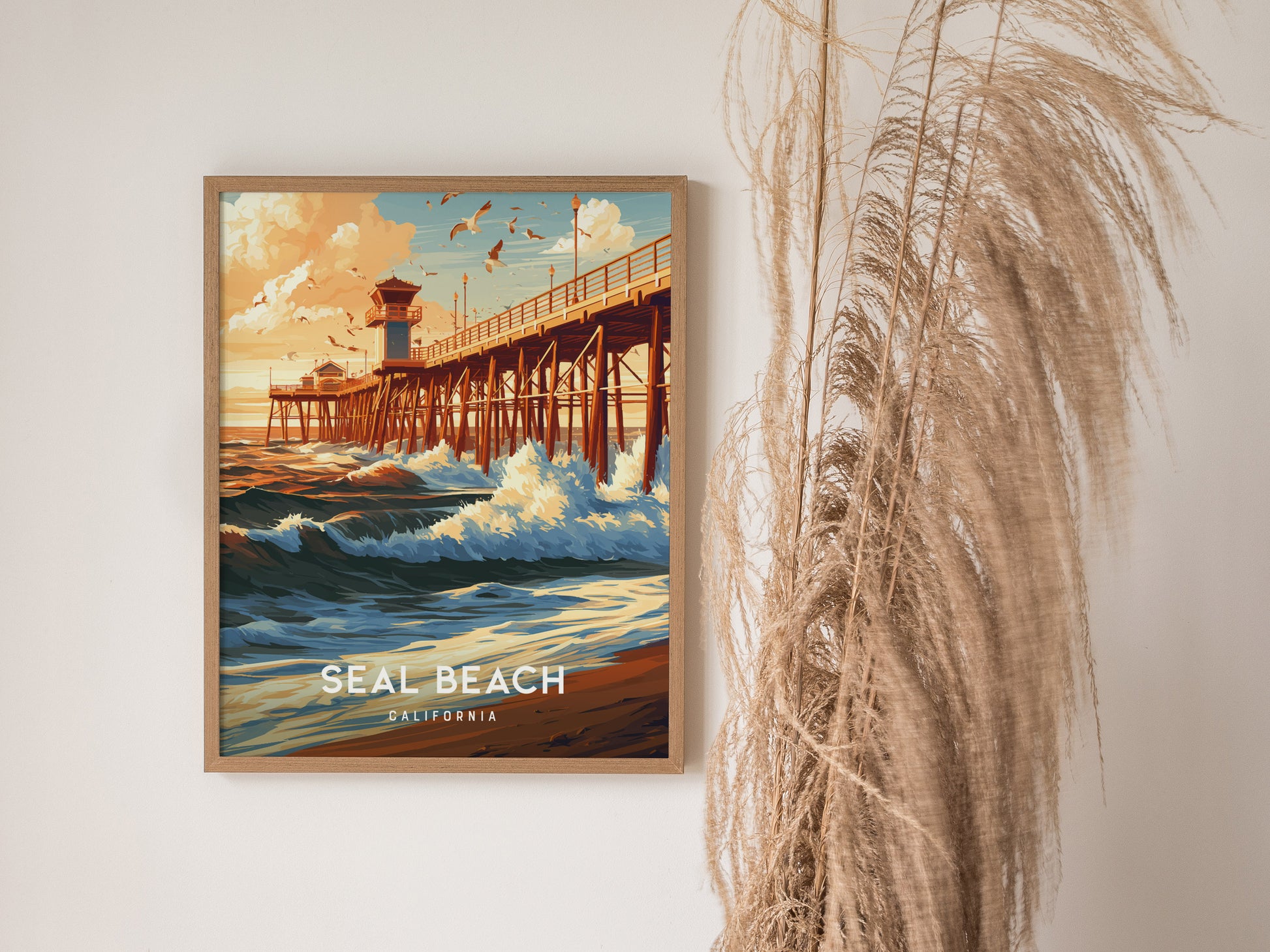 Seal Beach, California Poster | Sun-Kissed Pier & Coastal Charm Wall Art — styled in a modern interior