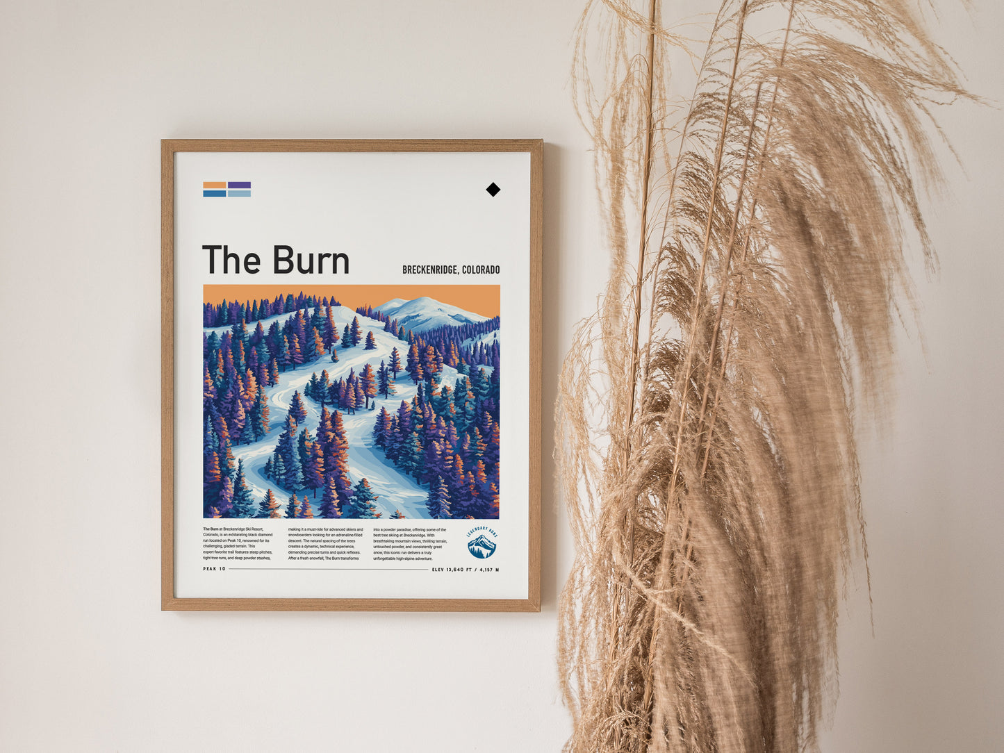A framed poster titled The Burn depicts a colorful ski run with snow-covered trees and mountains, set against a warm gradient sky. Pampas grass decorates the right side.