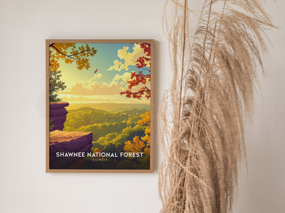 Framed Shawnee National Forest poster featuring autumn foliage in vibrant orange and yellow, with a cliff edge and serene sky.