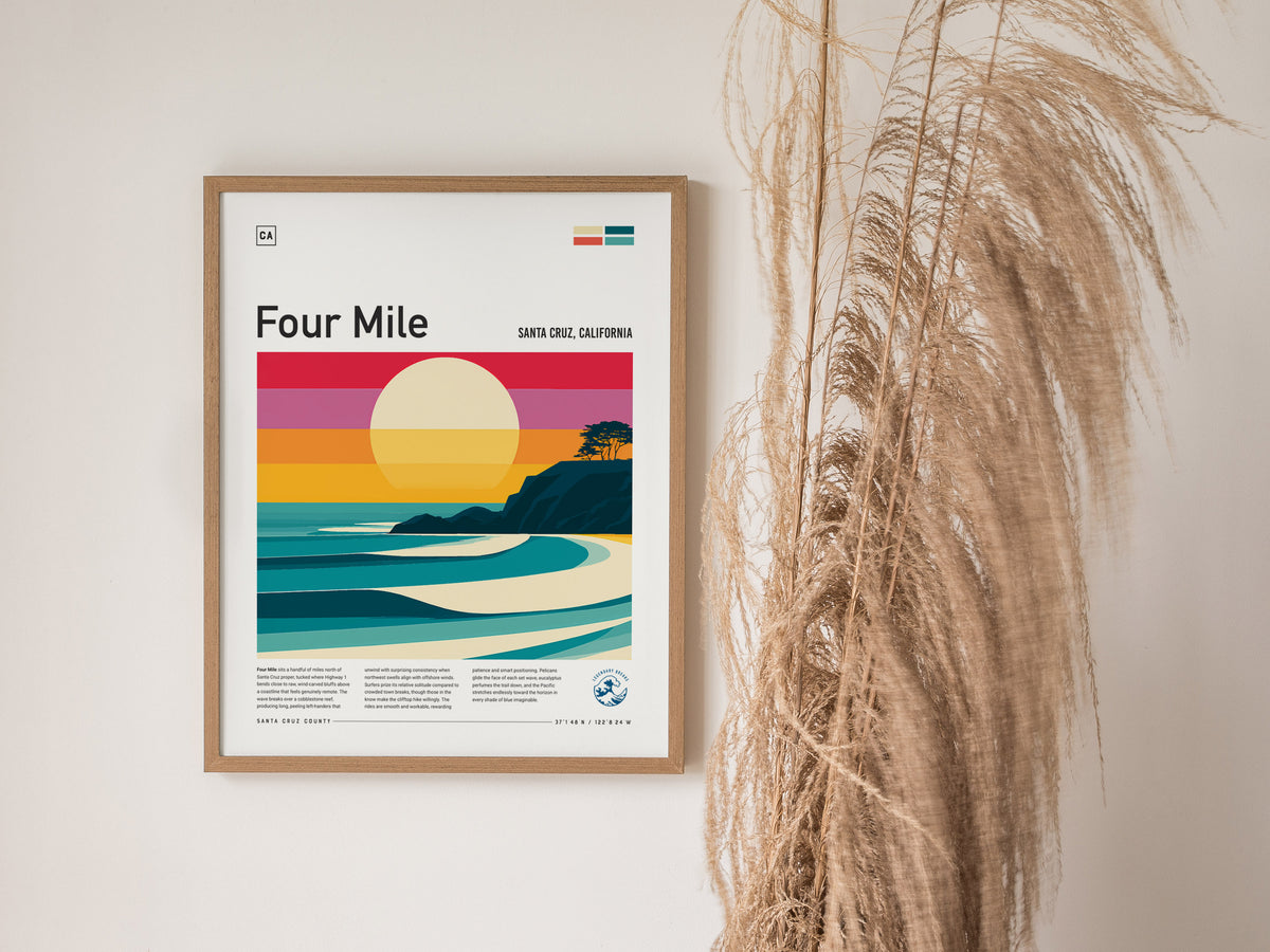 Four Mile, Santa Cruz, California Poster | Surf Wall Art & Beach House Decor — styled in a modern interior