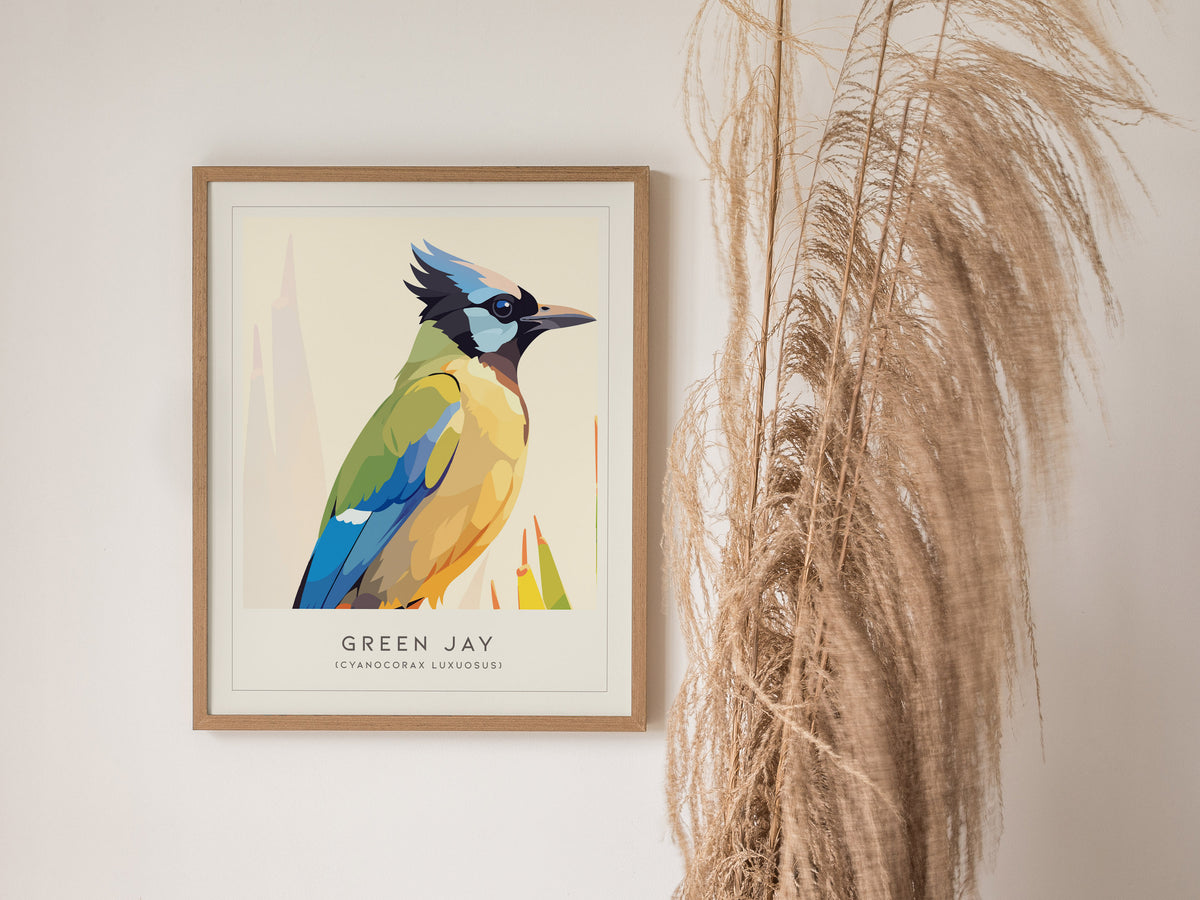 Green Jay, Cyanocorax luxuosus Poster | Tropical Bird Wall Art — styled in a modern interior
