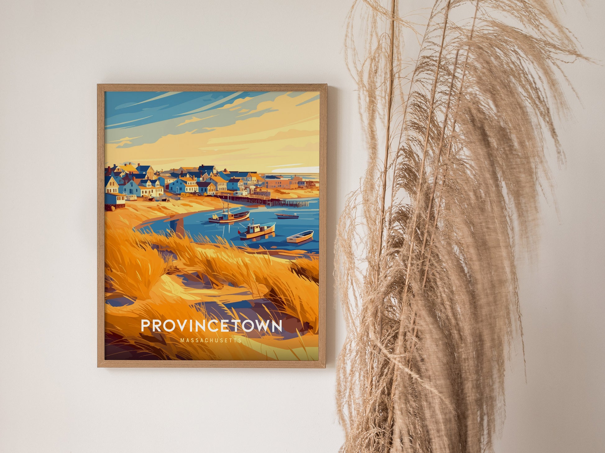 Vibrant Provincetown coastal art print featuring colorful houses, boats, and a sunny shoreline, perfect for travel art enthusiasts.