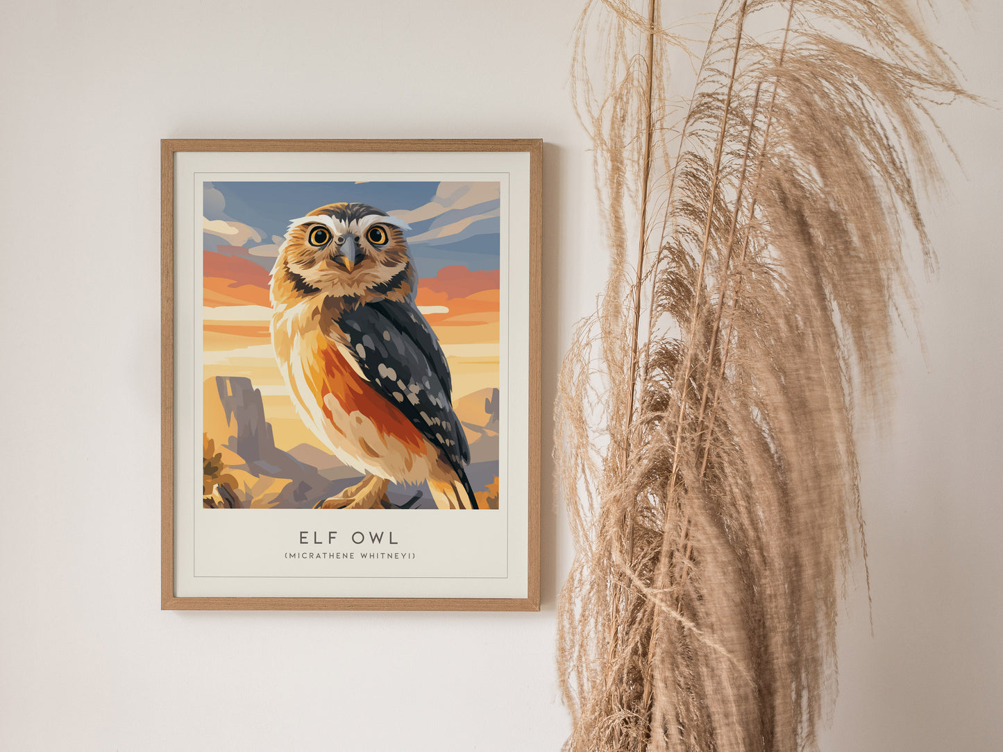 Elf Owl Poster | Desert Night Tiny Owl Wall Art — styled in a modern interior