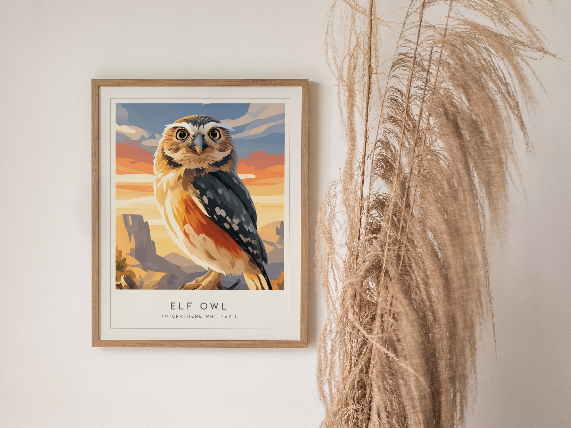 Elf Owl Poster | Desert Night Tiny Owl Wall Art — styled in a modern interior