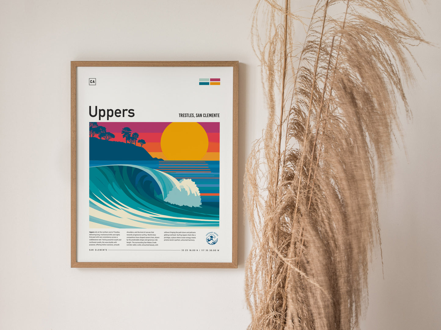 Uppers, Trestles Poster | Golden Hour Barrel Surf Wall Art — styled in a modern interior