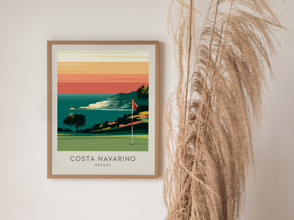 Costa Navarino Matte Border Poster | Greece Golf Course Print & Country Club Decor — styled in a modern interior