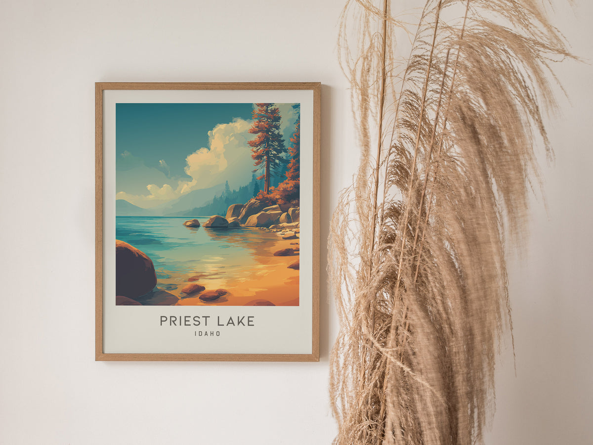 Priest Lake Matte Border Poster | Idaho Destination Print Travel Wall Art — styled in a modern interior