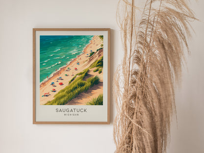 Saugatuck Matte Border Poster | Michigan Coastal Beach Decor Travel Wall Art — styled in a modern interior