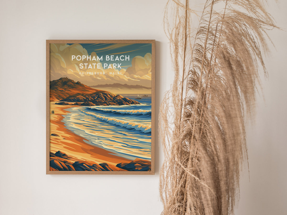 Popham Beach State Park, Phippsburg, Maine Poster | Destination Print Beach House Decor Wall Art — styled in a modern interio