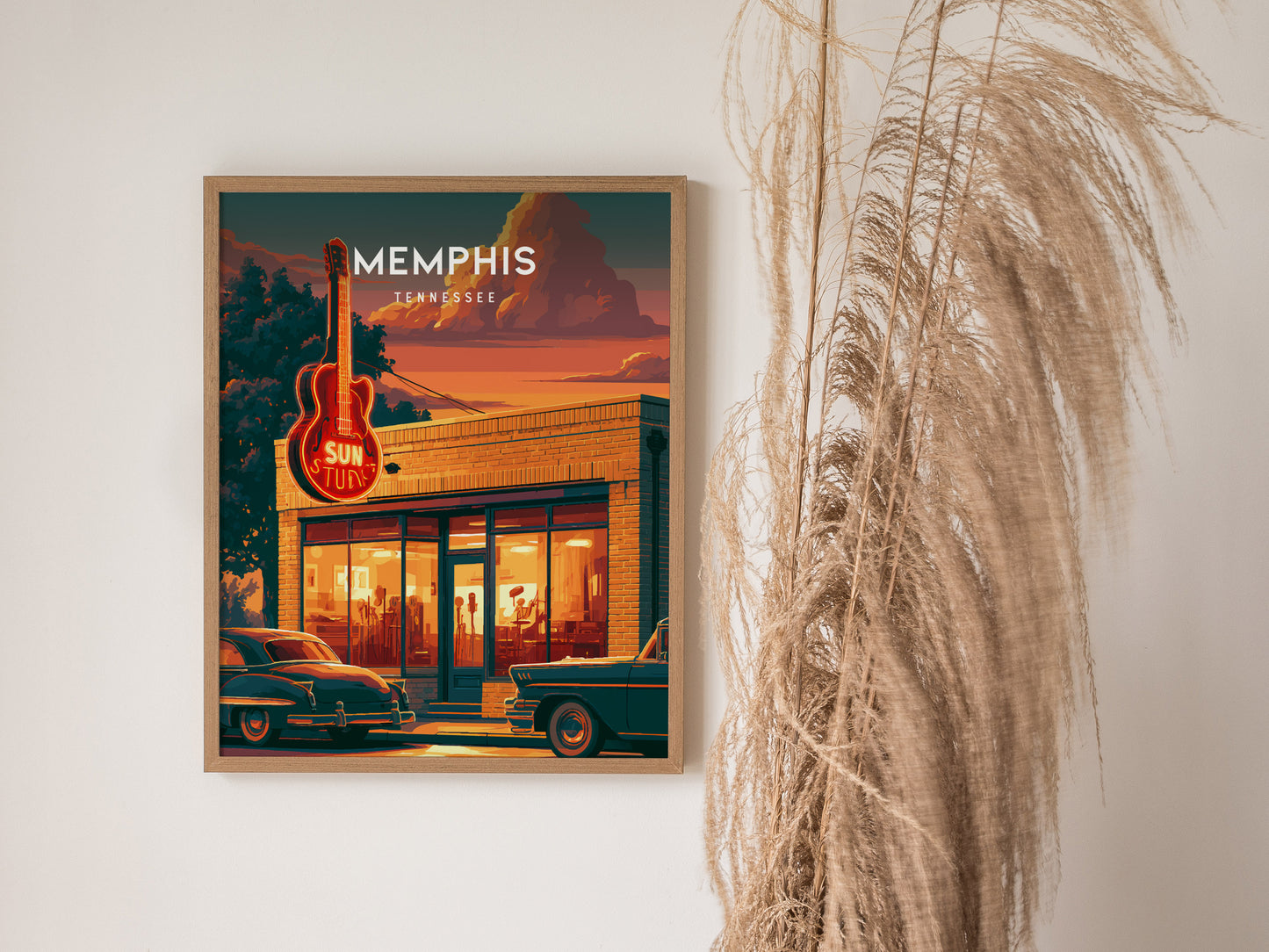 Memphis, Tennessee Poster | Blues & Beale Street Sunset Wall Art — styled in a modern interior