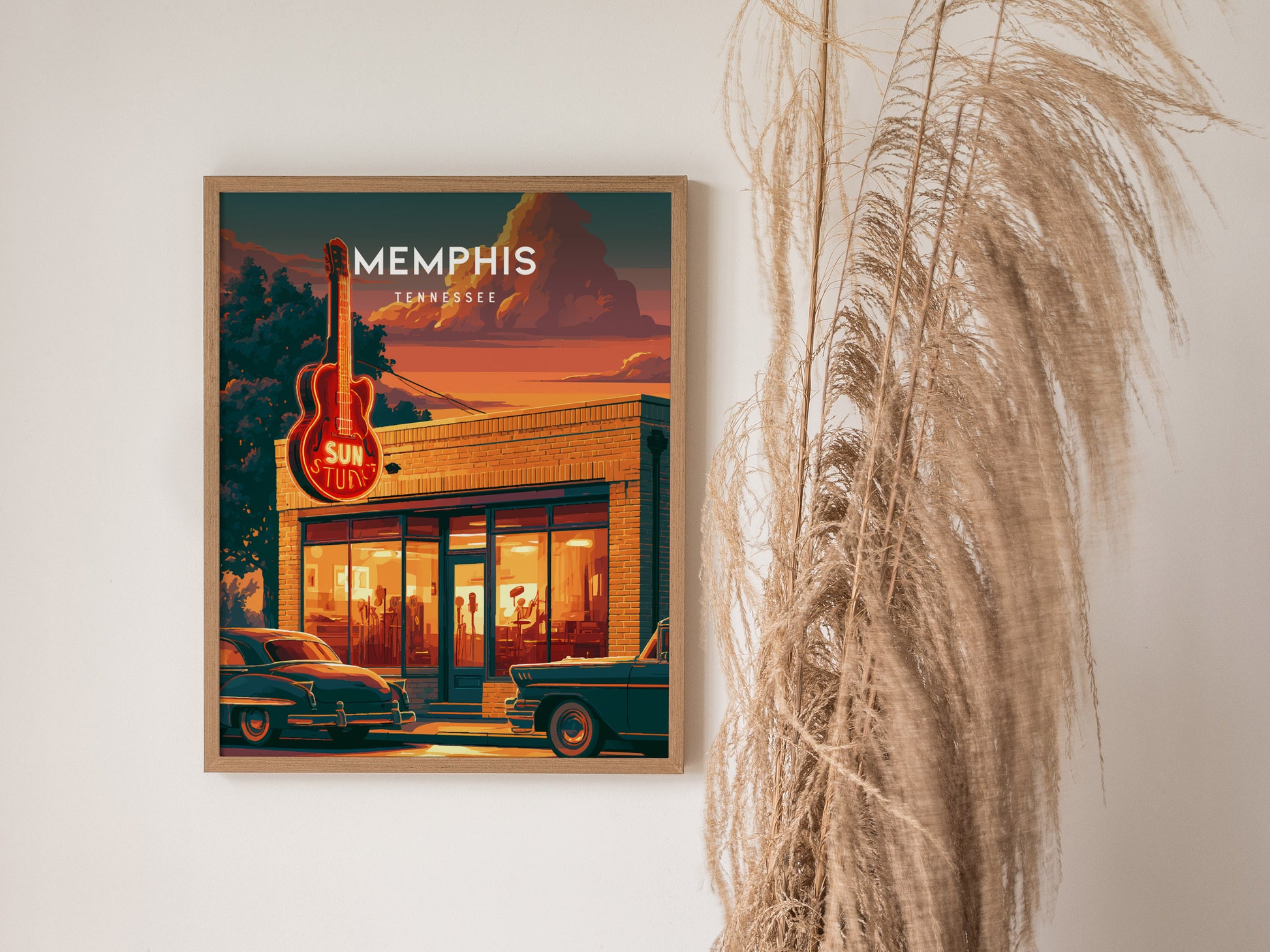 Memphis, Tennessee Poster | Blues & Beale Street Sunset Wall Art — styled in a modern interior