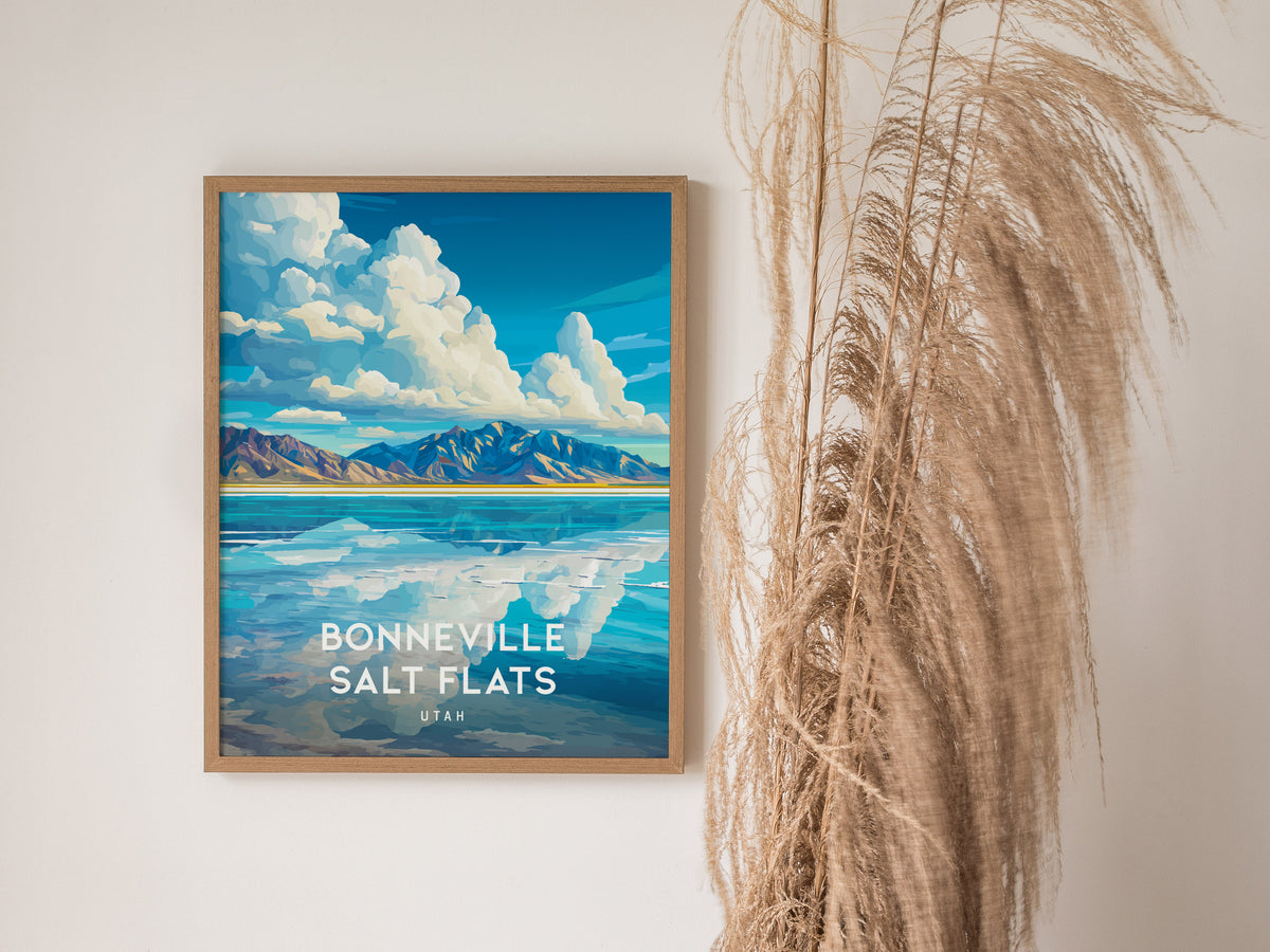 Bonneville Salt Flats, Utah Poster | Vast Desert Horizon Vacation Wall Art — styled in a modern interior