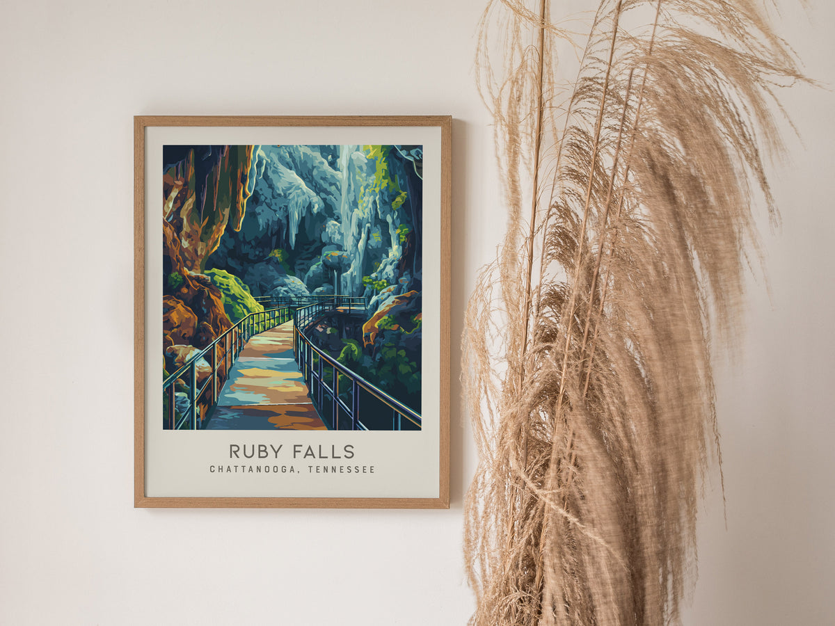 Ruby Falls Matte Border Poster | Chattanooga, Tennessee Destination Print — styled in a modern interior