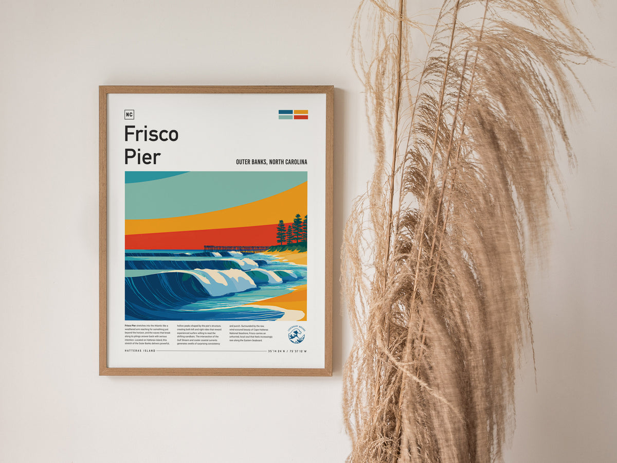 Frisco Pier, Outer Banks, North Carolina Poster | Surf Wall Art & Beach House Decor — styled in a modern interior