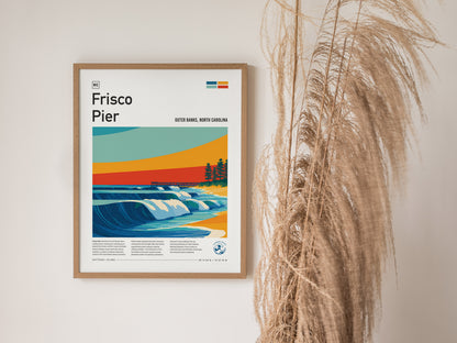 Frisco Pier, Outer Banks, North Carolina Poster | Surf Wall Art & Beach House Decor — styled in a modern interior