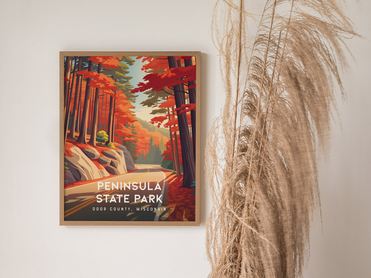 Peninsula State Park, Door County, Wisconsin Poster | Bluffs & Birch Forest Travel Wall Art — styled in a modern interior
