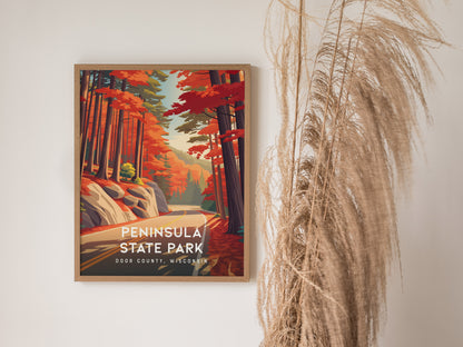 Peninsula State Park, Door County, Wisconsin Poster | Bluffs & Birch Forest Travel Wall Art — styled in a modern interior