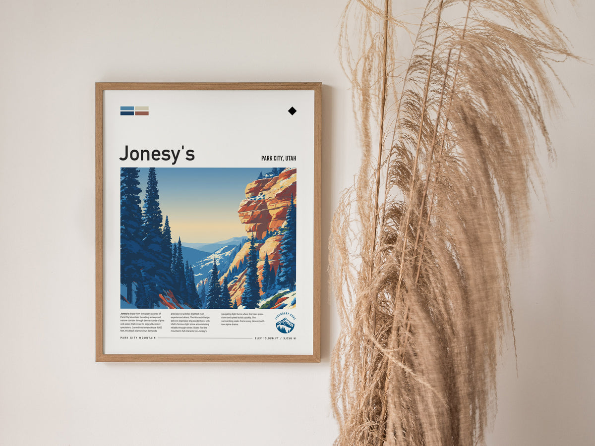 Jonesy's, Park City, Utah Poster | Ski Lodge Decor Mountain Wall Art — styled in a modern interior