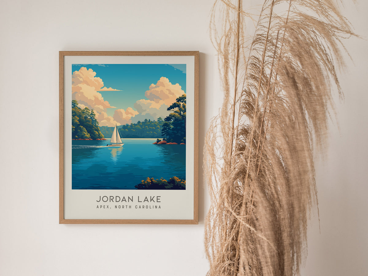 Jordan Lake Matte Border Poster | Apex, North Carolina Destination Print — styled in a modern interior