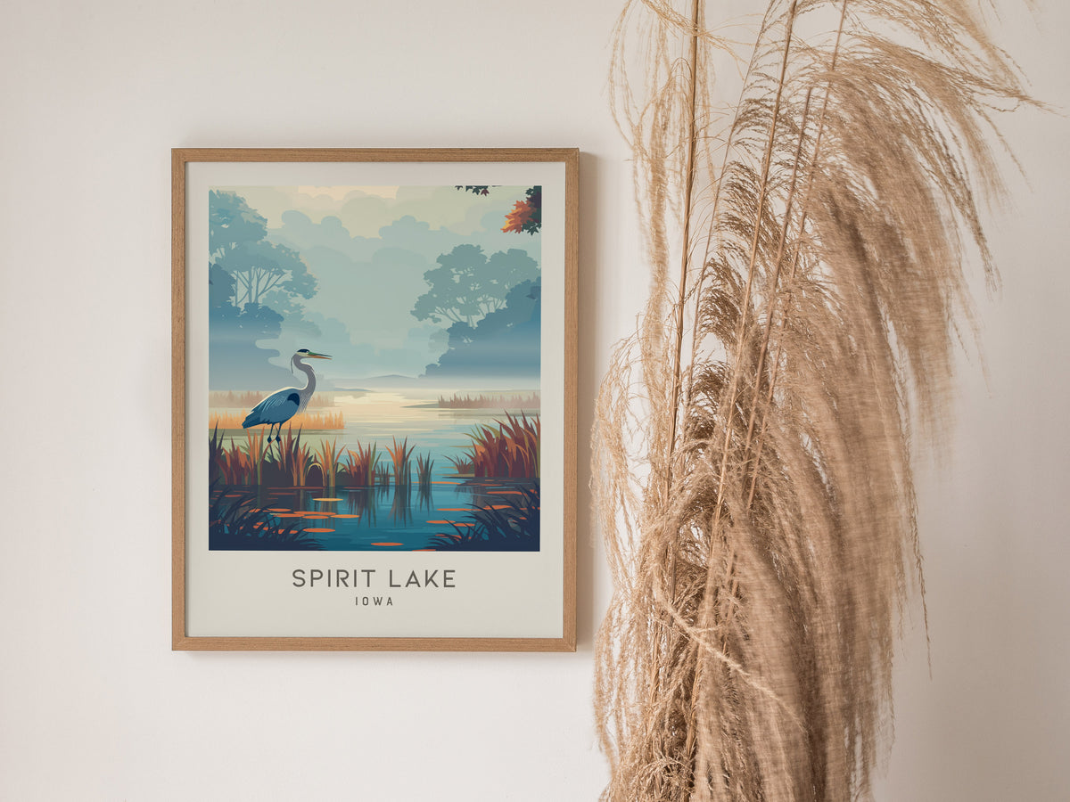 Spirit Lake Matte Border Poster | Iowa Travel Wall Art — styled in a modern interior