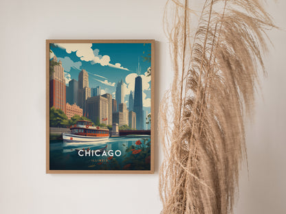 Framed art print of downtown Chicago, featuring skyscrapers and a riverboat, hangs beside tall dried pampas grass against a neutral wall. The word Chicago is prominently displayed.