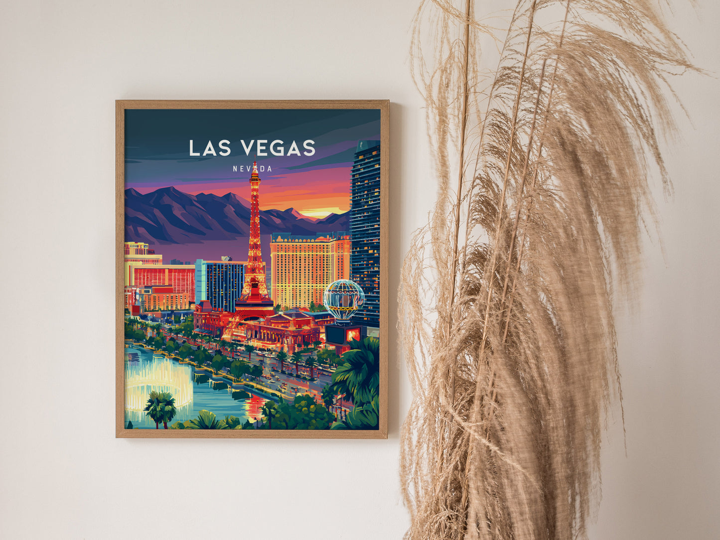 Las Vegas, Nevada Poster | Neon Lights & Desert Skyline Wall Art — styled in a modern interior