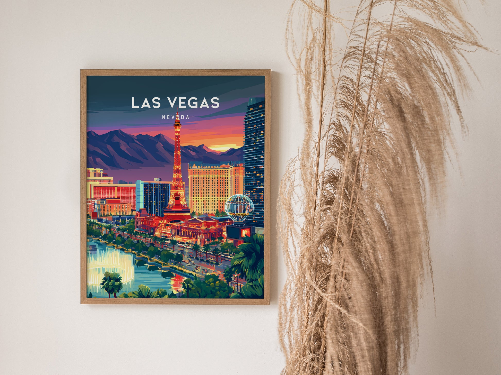 Las Vegas, Nevada Poster | Neon Lights & Desert Skyline Wall Art — styled in a modern interior